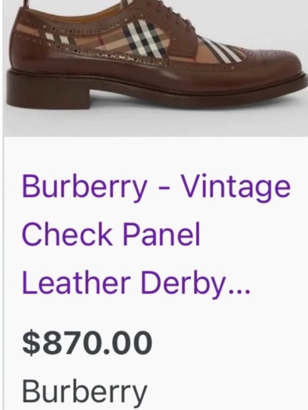 Burberry Brown Leather & Signature Check Wingtip Oxfords